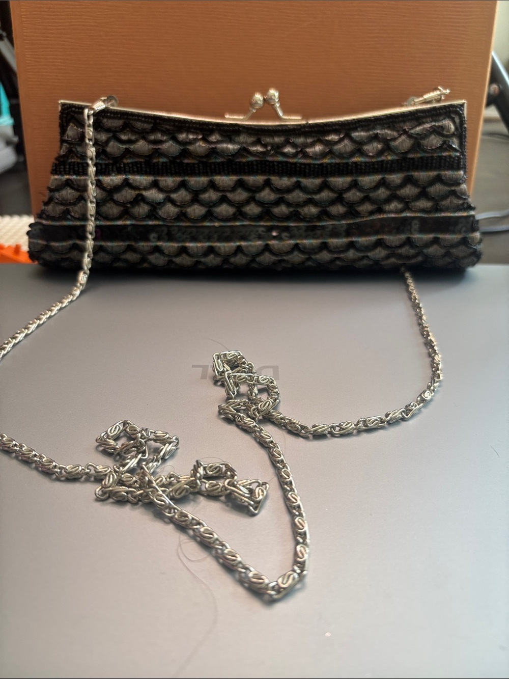 Vintage Black Beaded Evening Clutch with Silver Chain